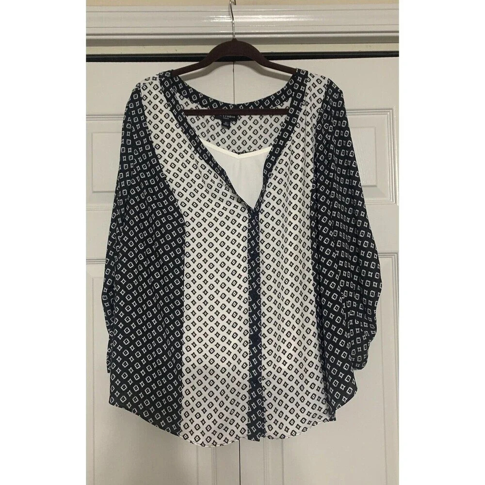 I.N. Studio Women Black & White Career Tunic Top Blouse Button Front W Tank 3X